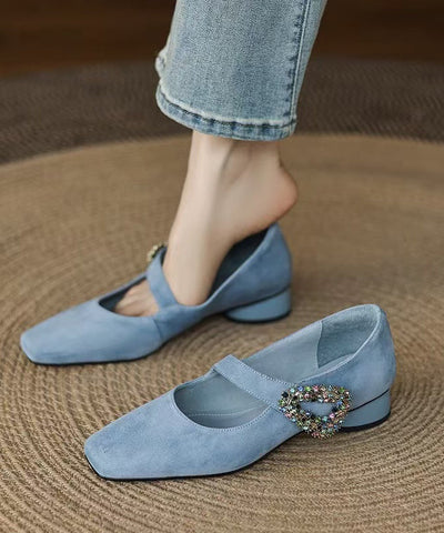 Zircon Chunky Buckle Shoes Suede Blue Splicing Strap FashionChic