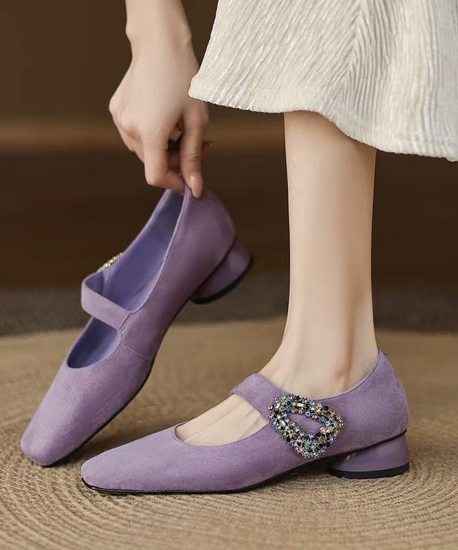 Zircon Chunky Buckle Shoes Suede Blue Splicing Strap FashionChic