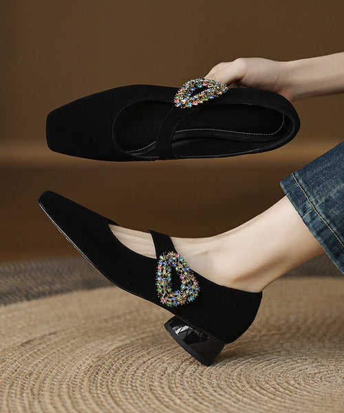 Zircon Chunky Buckle Shoes Suede Blue Splicing Strap FashionChic