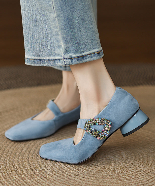 Zircon Chunky Buckle Shoes Suede Blue Splicing Strap FashionChic