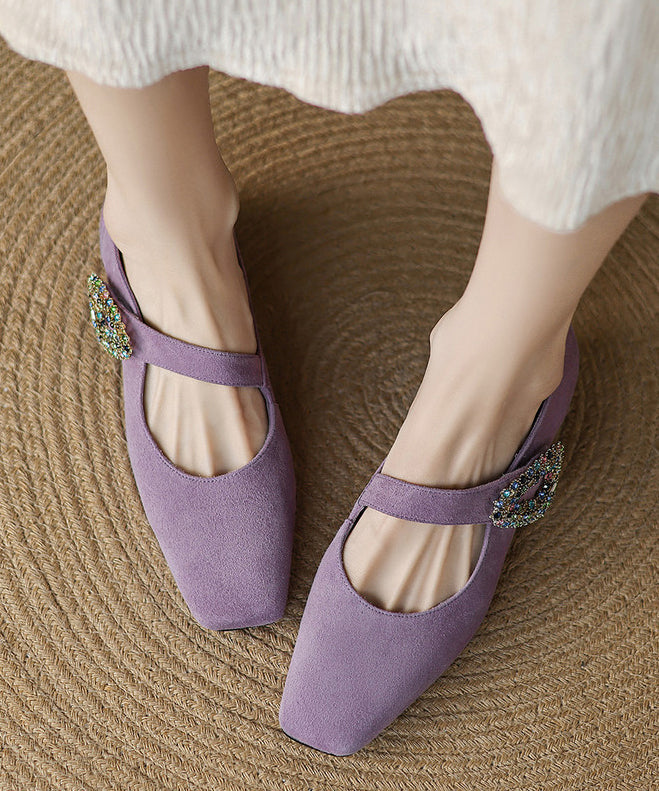 Zircon Chunky Buckle Shoes Suede Blue Splicing Strap FashionChic