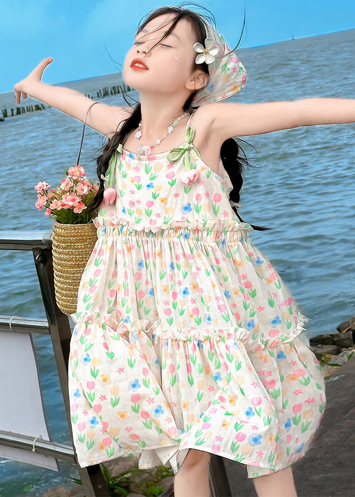 Bohemian Apricot Ruffled Print Cotton Girls Spaghetti Strap Dress Sleeveless EW034 WS-RCTZSDGL240809