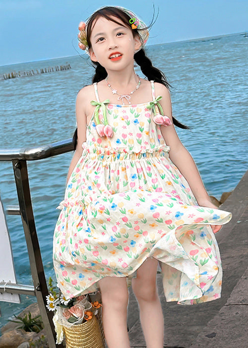 Bohemian Apricot Ruffled Print Cotton Girls Spaghetti Strap Dress Sleeveless EW034 WS-RCTZSDGL240809