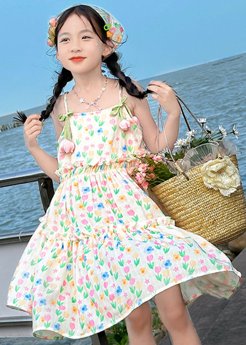 Bohemian Apricot Ruffled Print Cotton Girls Spaghetti Strap Dress Sleeveless EW034 WS-RCTZSDGL240809