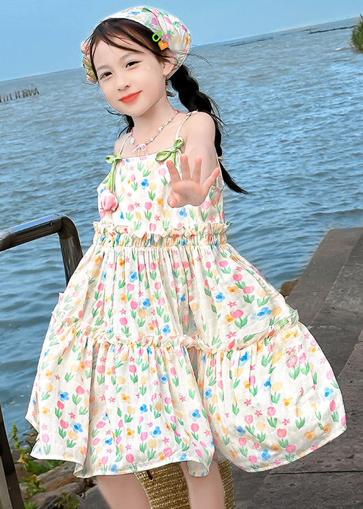 Bohemian Apricot Ruffled Print Cotton Girls Spaghetti Strap Dress Sleeveless EW034 WS-RCTZSDGL240809
