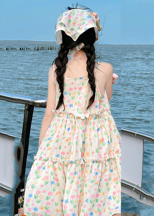 Bohemian Apricot Ruffled Print Cotton Girls Spaghetti Strap Dress Sleeveless EW034 WS-RCTZSDGL240809