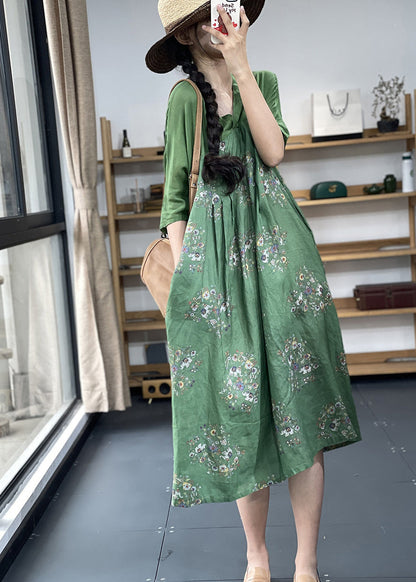 Bohemian Apricot V Neck Print Patchwork Ramie Linen Dresses Summer OO031 OM-CS240814