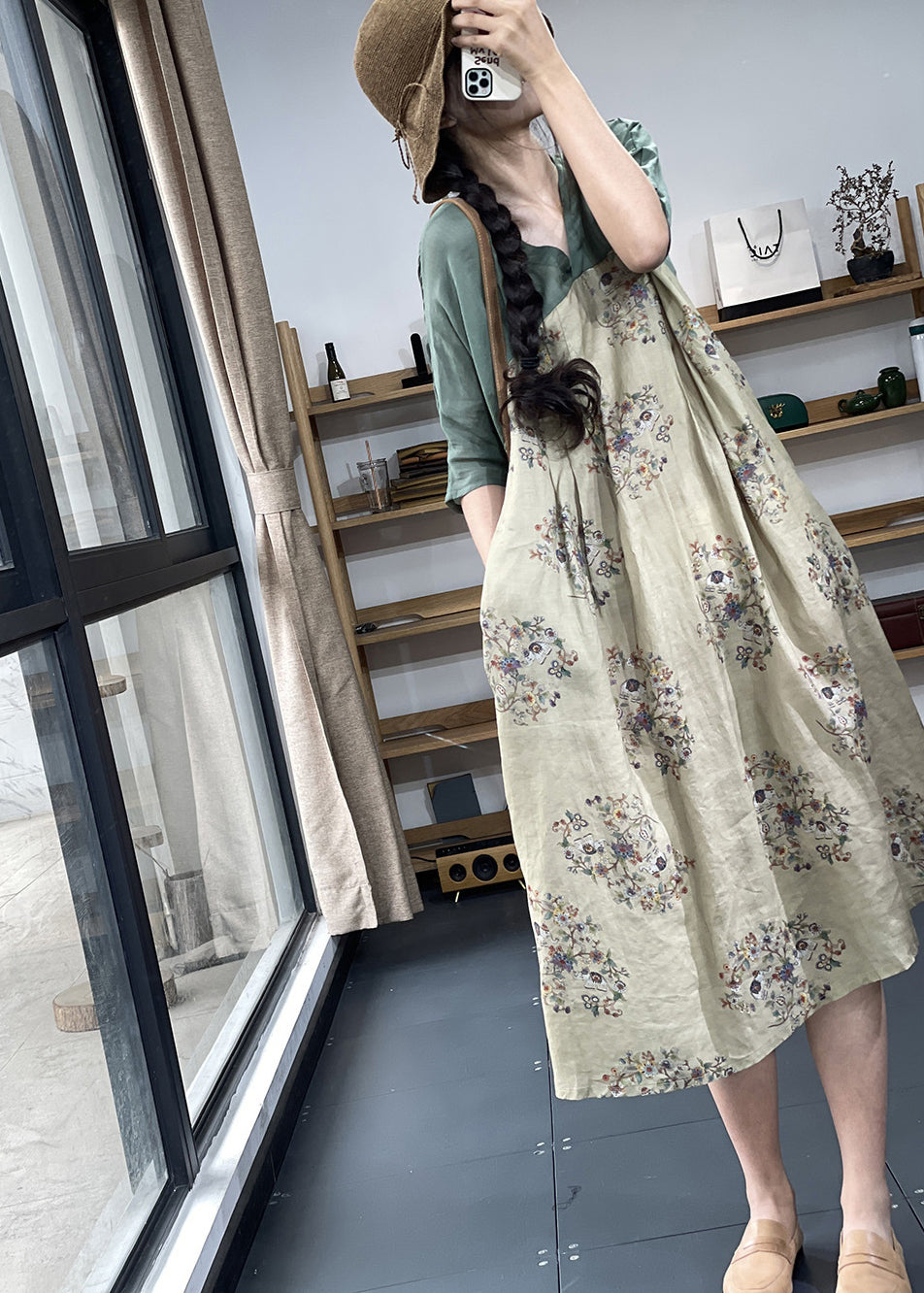 Bohemian Apricot V Neck Print Patchwork Ramie Linen Dresses Summer OO031 OM-CS240814