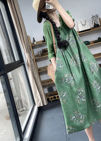 Bohemian Apricot V Neck Print Patchwork Ramie Linen Dresses Summer OO031 OM-CS240814