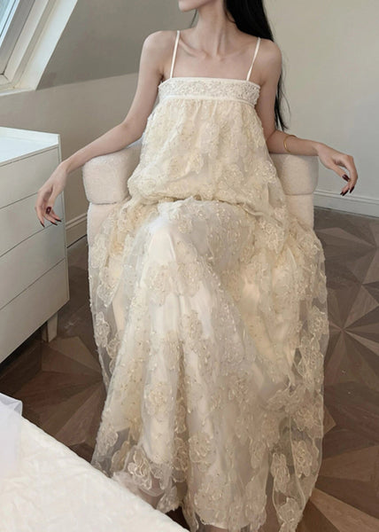 Dresses Beige Long Tulle Bohemian Patchwork Embroidered FashionChic