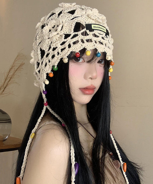 Bohemian Beige Floral Tassel Hollow Out Knit Boonie Hat WI012 hat-HAT241105