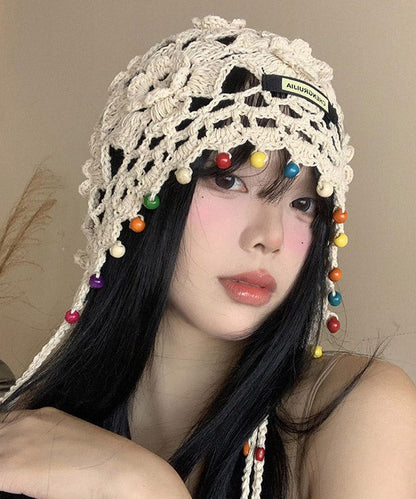 Bohemian Beige Floral Tassel Hollow Out Knit Boonie Hat WI012 hat-HAT241105