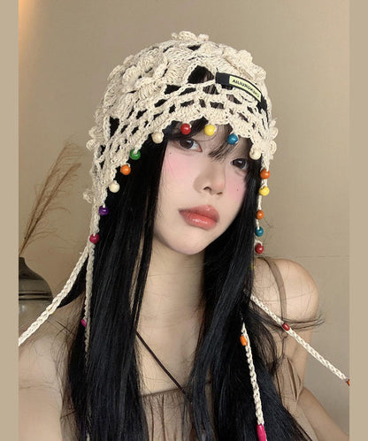 Bohemian Beige Floral Tassel Hollow Out Knit Boonie Hat WI012 hat-HAT241105