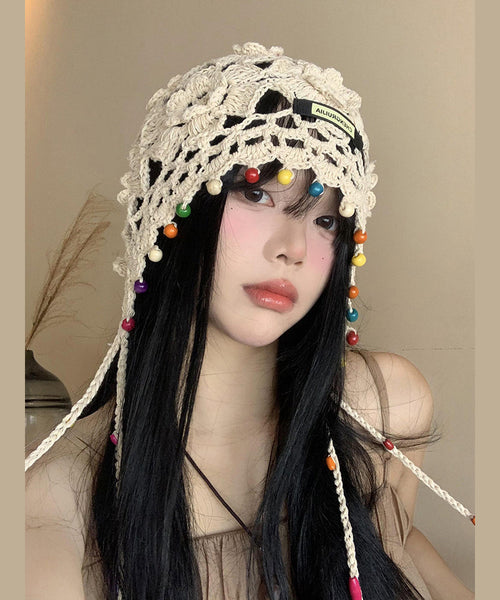 Bohemian Beige Floral Tassel Hollow Out Knit Boonie Hat WI012 hat-HAT241105