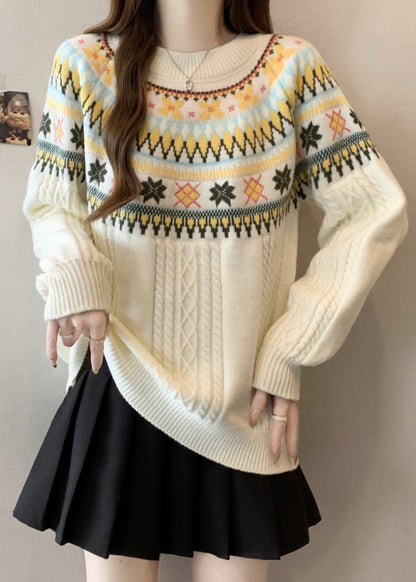 Bohemian Beige O Neck Jacquard Thick Knit Pullover Winter RG029 ABC
