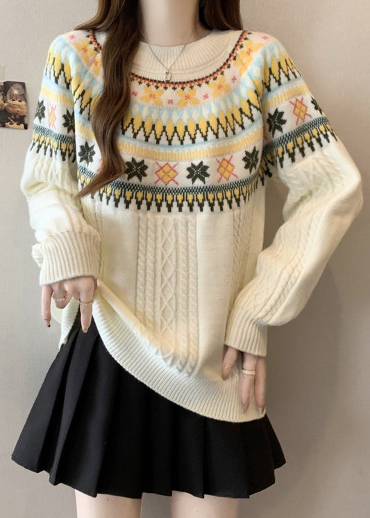 Bohemian Beige O Neck Jacquard Thick Knit Pullover Winter RG029 ABC