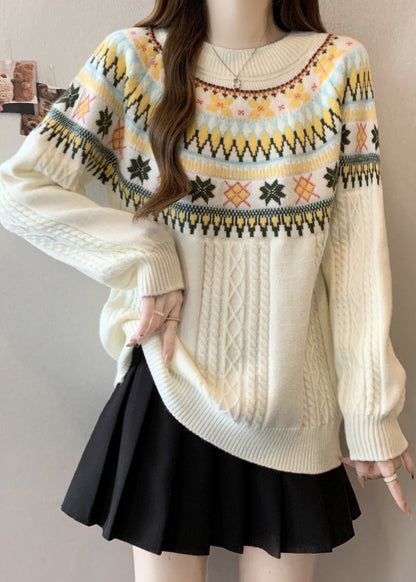 Bohemian Beige O Neck Jacquard Thick Knit Pullover Winter RG029 ABC
