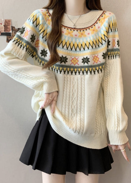 Bohemian Beige O Neck Jacquard Thick Knit Pullover Winter RG029 ABC
