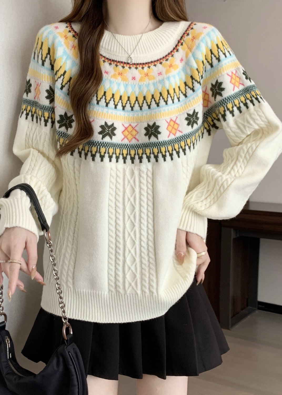Bohemian Beige O Neck Jacquard Thick Knit Pullover Winter RG029 ABC