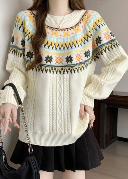 Bohemian Beige O Neck Jacquard Thick Knit Pullover Winter RG029 ABC