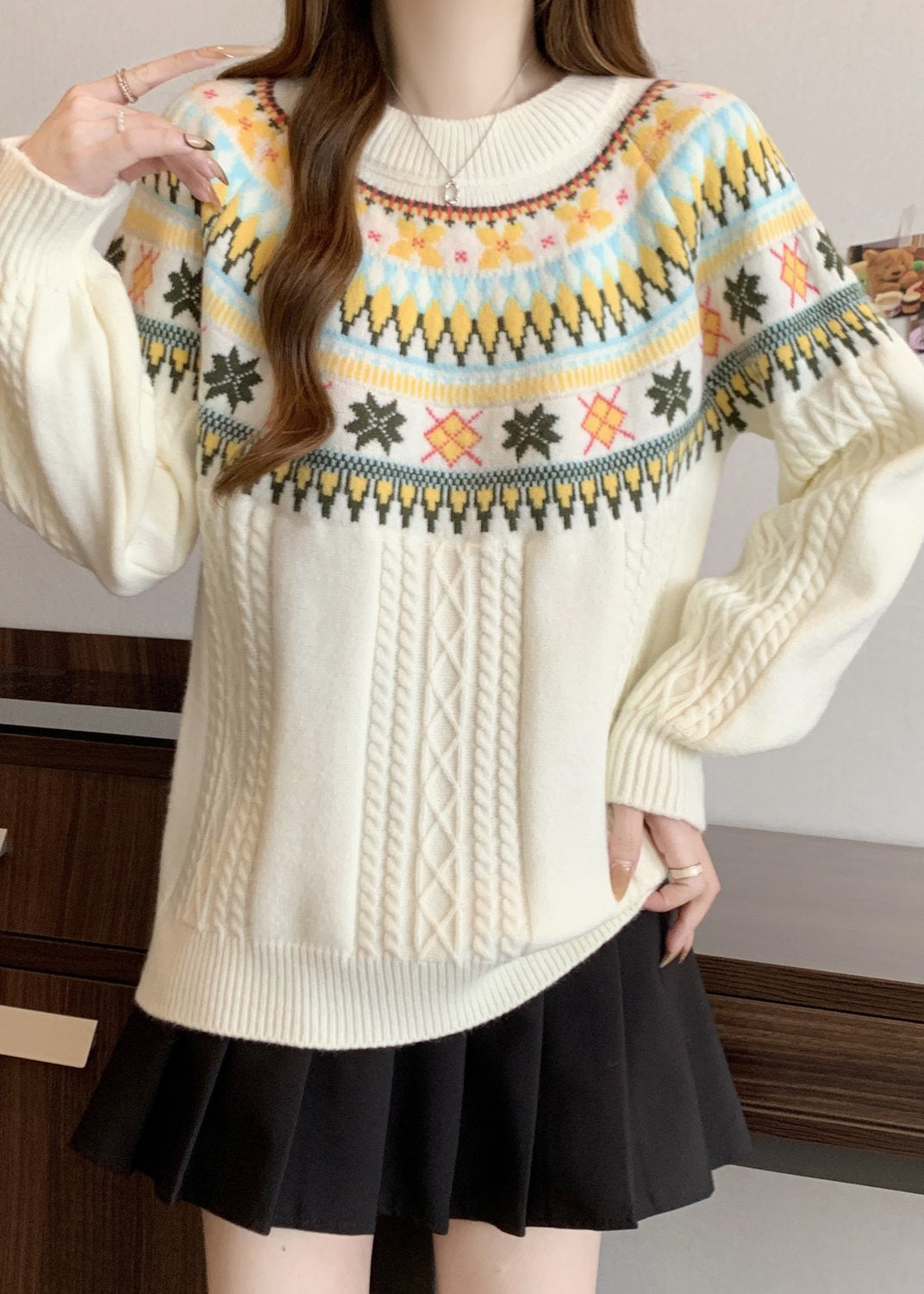 Bohemian Beige O Neck Jacquard Thick Knit Pullover Winter RG029 ABC