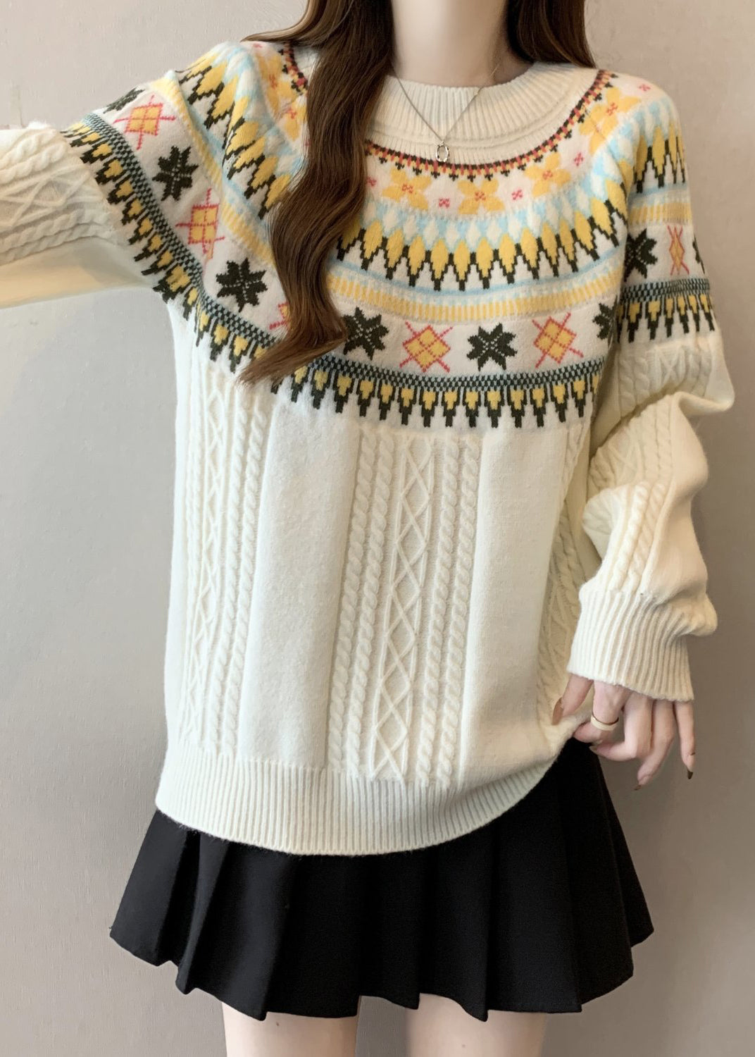 Bohemian Beige O Neck Jacquard Thick Knit Pullover Winter RG029 ABC