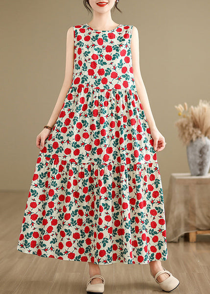 Bohemian Beige O Neck Print Cotton Long Dresses Sleeveless JH029 MMDM-SDL240717