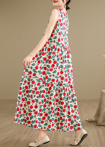 Bohemian Beige O Neck Print Cotton Long Dresses Sleeveless JH029 MMDM-SDL240717