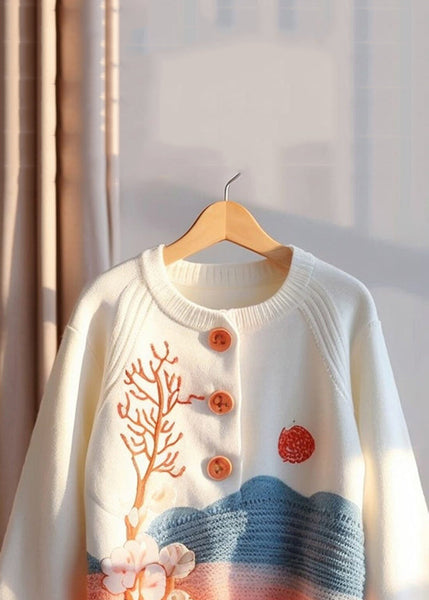 Bohemian Beige Print Button Knit Sweaters Fall QG009 OM-SW241015