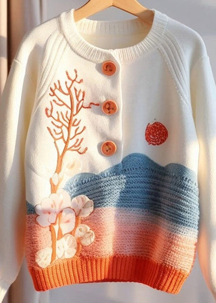 Bohemian Beige Print Button Knit Sweaters Fall QG009 OM-SW241015