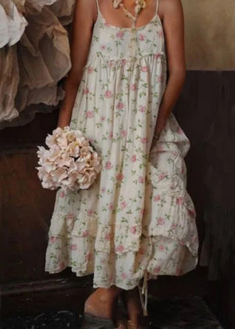 Bohemian Beige Ruffled Print Cotton Spaghetti Strap Dress Sleeveless FF047 MZF-SDL240607