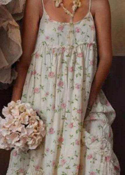 Bohemian Beige Ruffled Print Cotton Spaghetti Strap Dress Sleeveless FF047 MZF-SDL240607