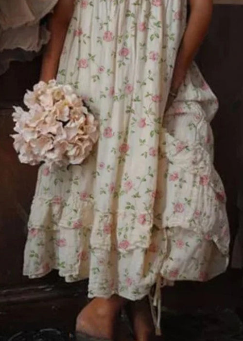 Bohemian Beige Ruffled Print Cotton Spaghetti Strap Dress Sleeveless FF047 MZF-SDL240607