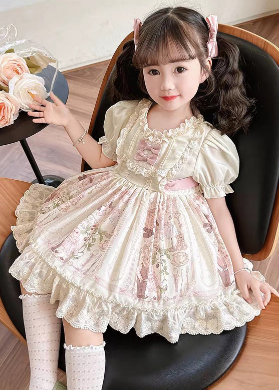 Bohemian Beige Ruffled Print Lace Up Cotton Girls Dresses Summer TT006 WS-RCTZSDGL240815