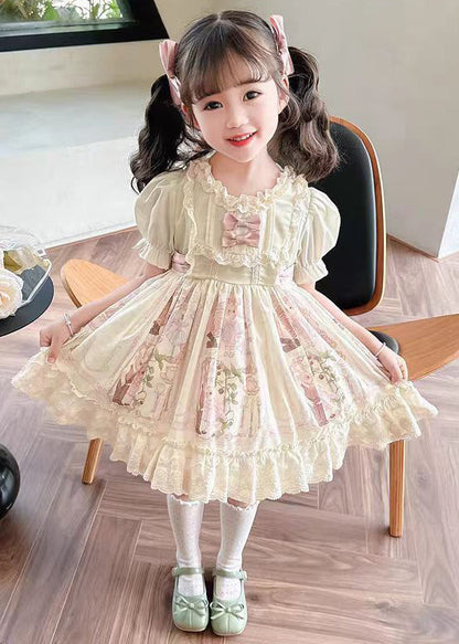 Bohemian Beige Ruffled Print Lace Up Cotton Girls Dresses Summer TT006 WS-RCTZSDGL240815