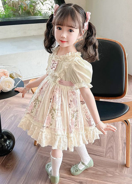 Bohemian Beige Ruffled Print Lace Up Cotton Girls Dresses Summer TT006 WS-RCTZSDGL240815