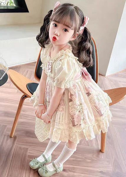Bohemian Beige Ruffled Print Lace Up Cotton Girls Dresses Summer TT006 WS-RCTZSDGL240815