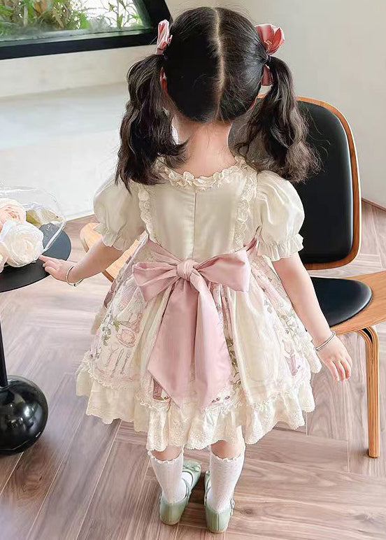 Bohemian Beige Ruffled Print Lace Up Cotton Girls Dresses Summer TT006 WS-RCTZSDGL240815