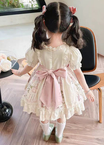 Bohemian Beige Ruffled Print Lace Up Cotton Girls Dresses Summer TT006 WS-RCTZSDGL240815