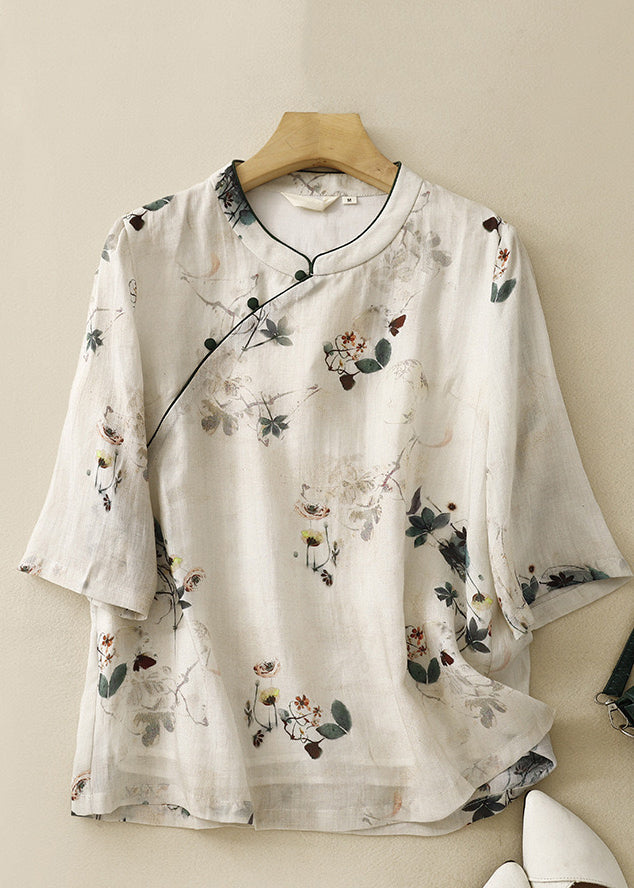 Bohemian Beige Stand Collar Print Linen Tops Summer AM1037 Genistyle Shop