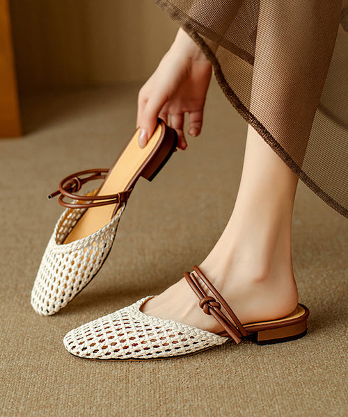 Sandals Hollow Beige Breathable Bohemian Woven Out Slide FashionChic