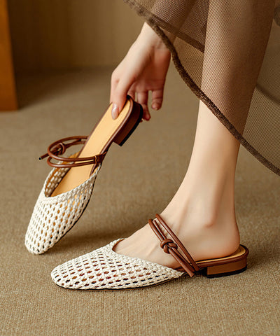 Sandals Hollow Beige Breathable Bohemian Woven Out Slide FashionChic