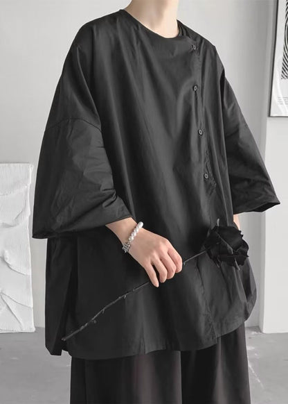 Bohemian Black Asymmetrical Oversized Cotton Shirts Spring TZ011