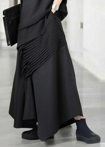Wrinkled Asymmetrical Fall Black Cotton Bohemian Skirt FashionChic