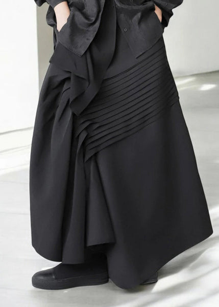 Wrinkled Asymmetrical Fall Black Cotton Bohemian Skirt FashionChic