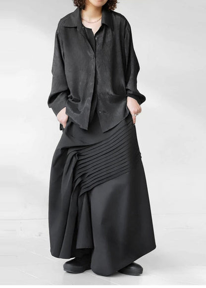 Wrinkled Asymmetrical Fall Black Cotton Bohemian Skirt FashionChic