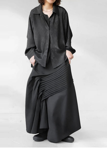 Wrinkled Asymmetrical Fall Black Cotton Bohemian Skirt FashionChic