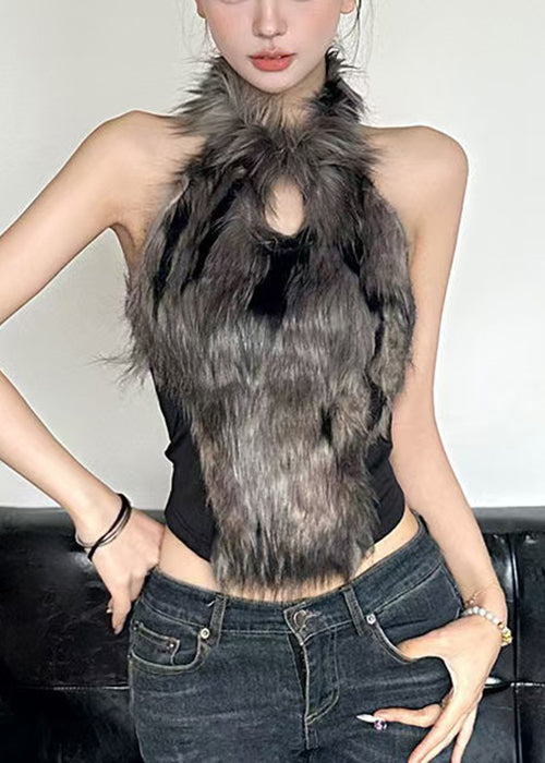 Out Black Hollow Bohemian Tanks Fluffy Sleeveless Patchwork FashionChic