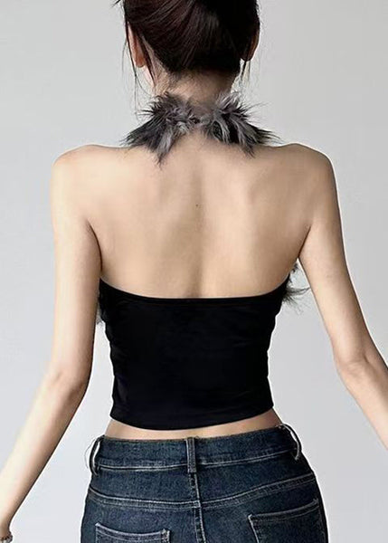 Out Black Hollow Bohemian Tanks Fluffy Sleeveless Patchwork FashionChic