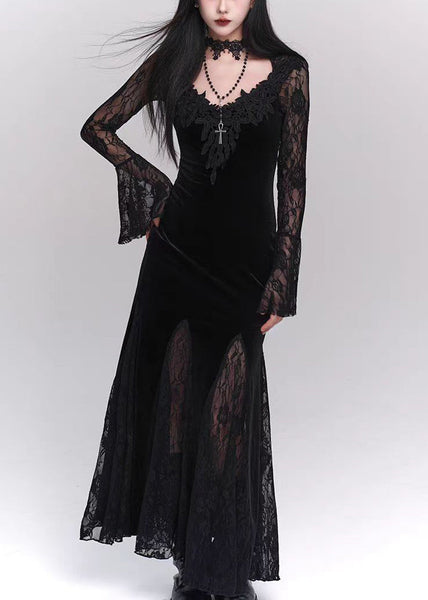 Bohemian Black Hollow Out Lace Patchwork Silk Velvet Maxi Dresses Flare Sleeve YT034 ABC